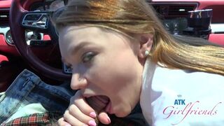 Amateur schoolgirl Mazy Myers gets pussy played with sucks cock in the car GFE POV